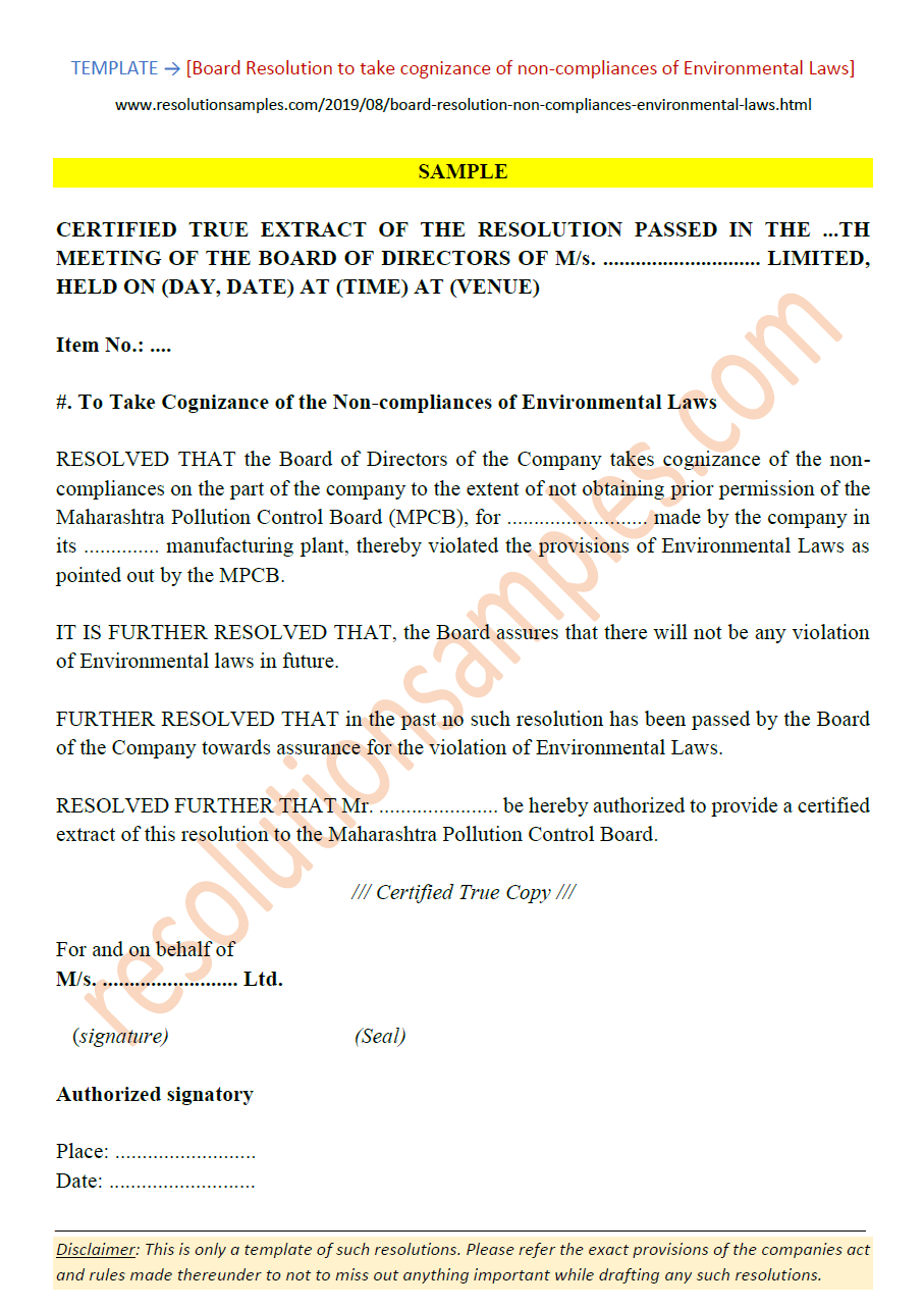 Board Resolution for of Environmental Laws