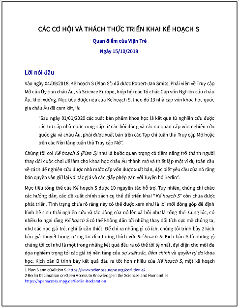 ‘Các cơ hội và thách thức triển khai Kế hoạch S - Quan điểm của Viện Trẻ’ - bản dịch sang tiếng Việt