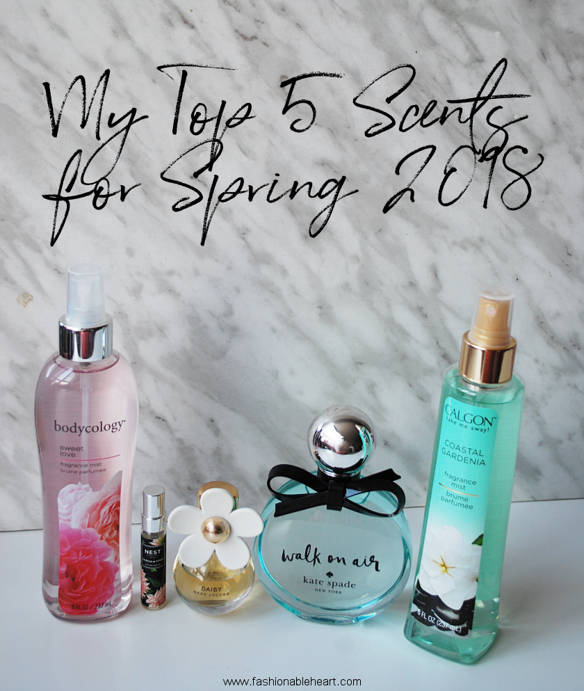 bbloggers, beauty blog, top 5, list, scents, perfume, fragrance, scents for spring, floral, bodycology, sweet love, sweet pea, nest fragrances, dahlia and vines, dahlia & vines, marc jacobs, daisy, kate spade, walk on air, calgon, coastal gardenia, chance eau tendre, chanel