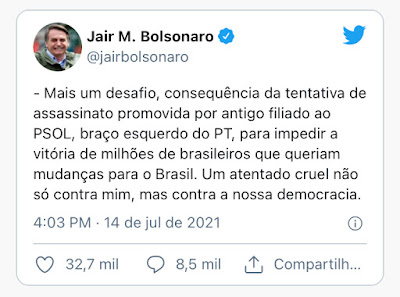 Presidente culpa PT e incita ódio mais uma vez, na rede social Twitter de Bolsonaro