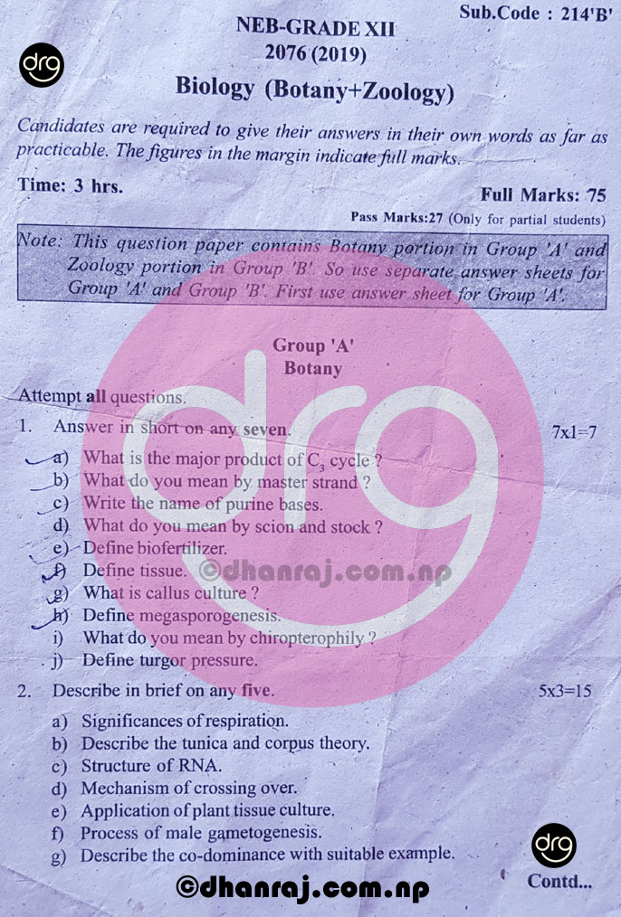 Biology (Botany+Zoology) Grade 12XII Question Paper 2076 [2019