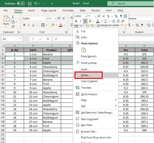 MicrosoftExcelで複数の行を削除する