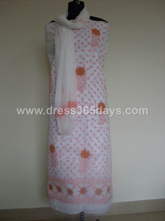 Orange White Lucknowi Chikan Dress Material