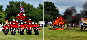 A motorcycle team doing their tricks. Jumping through fire.