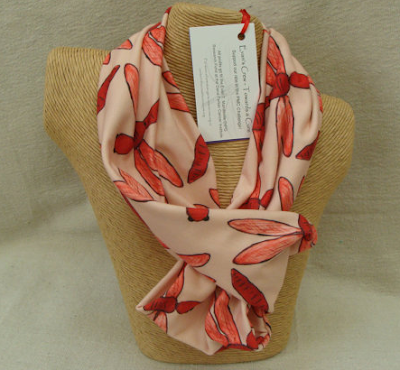The Red Dragonfly fabric in this Kristen Bellotti infinity scarf was designed by Clare Walker, BoundingSquirrel.com. Photo by Kristen Bellotti