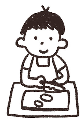 料理のイラスト「料理をしている男の子」 白黒線画
