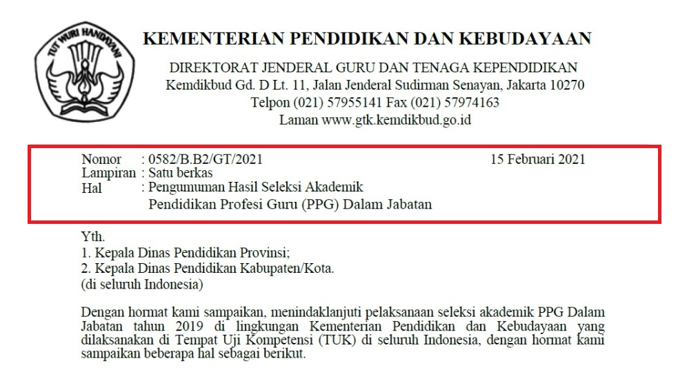 Surat Edaran Pengumuman Hasil Seleksi Akademik Pendidikan Profesi Guru Ppg Dalam Jabatan Admin Bawean