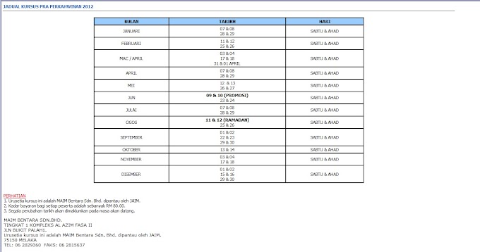 Jadual Kursus Kahwin Negeri Melaka (2012)