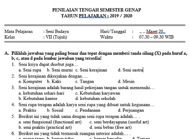 Download Contoh Soal Pts Seni Budaya Kelas 7 Semester 2 Kurikulum 2013 Tahun 2020 - Beritapppkcom