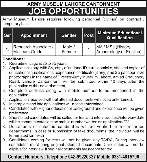 New Govt Job in Army Museum Lahore Cantonment || in Lahore, Punjab, Pakistan 2021