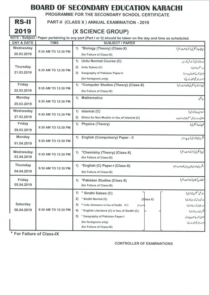 BSEK Karachi Board SSC Part 2 General Group Result 2019