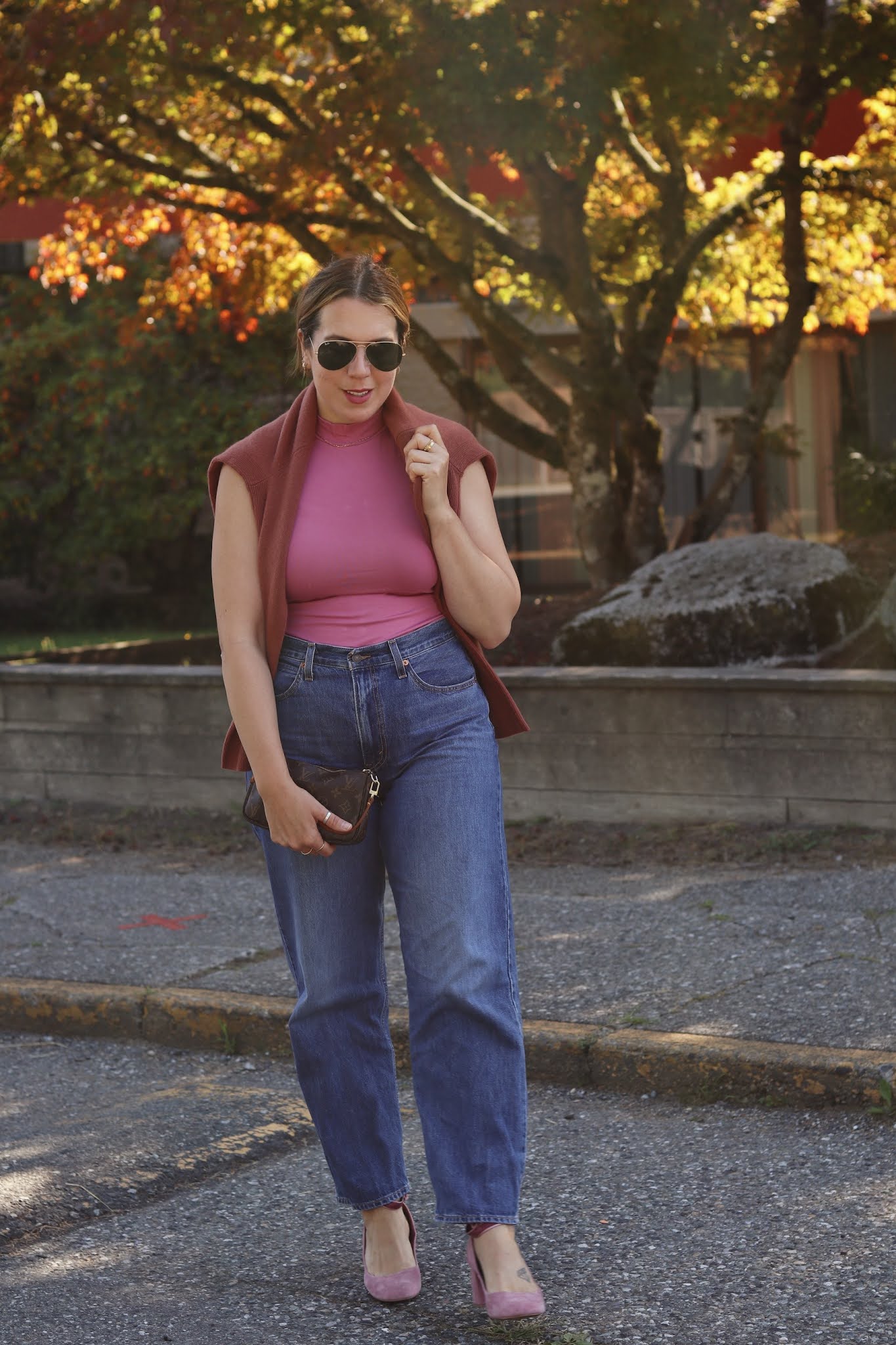 nordstrom halogen cashmere sweater early fall outfit idea levis dad jeans