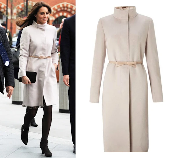 Kate Middleton wore a wool coat by Max Mara. Max Mara is an Italian fashion business. Reggio Emilia by Achille Maramotti