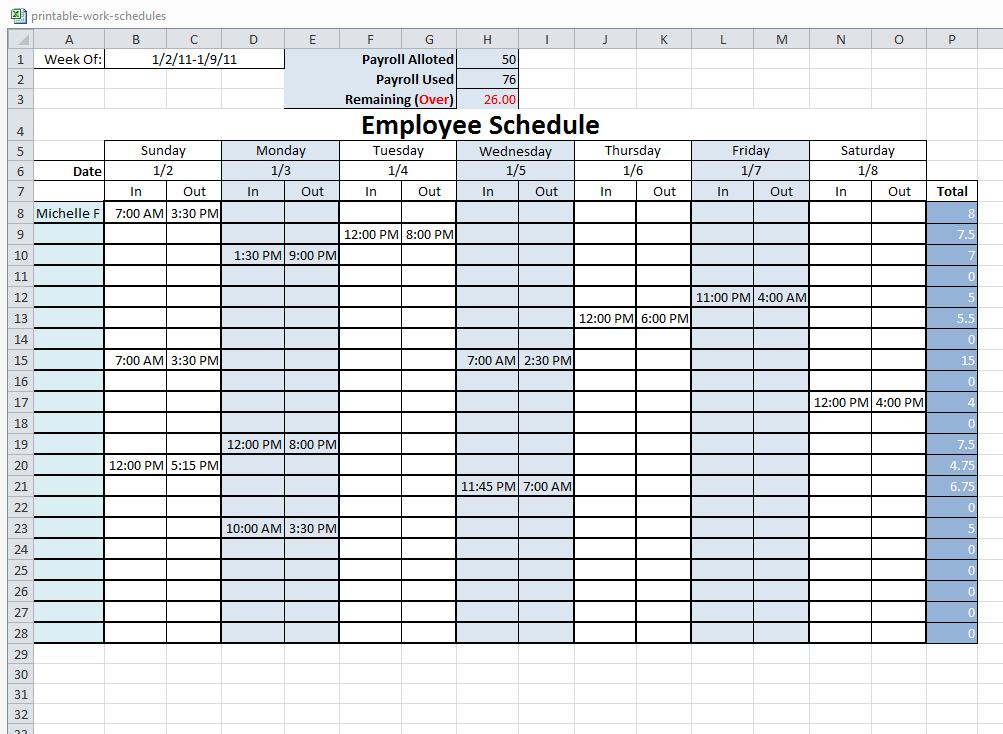 Work Schedule Template for Multiple Employees