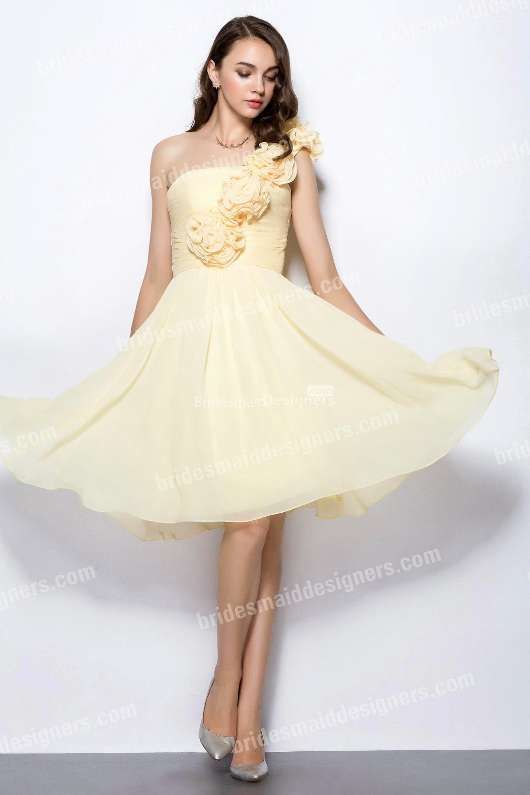 One Shoulder Daffodil Bridesmaid Dress with Ruffled Flowers Back Zipper