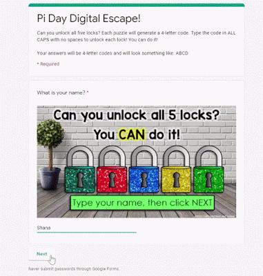 A gif showing how the Pi Day digital math escape room works in Google Forms