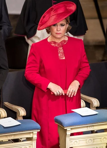 Grand Duchess Maria Teresa, Princess Stephanie wore Alexander McQueen Fuchsia Cape-back Crepe Midi Dress at National Day