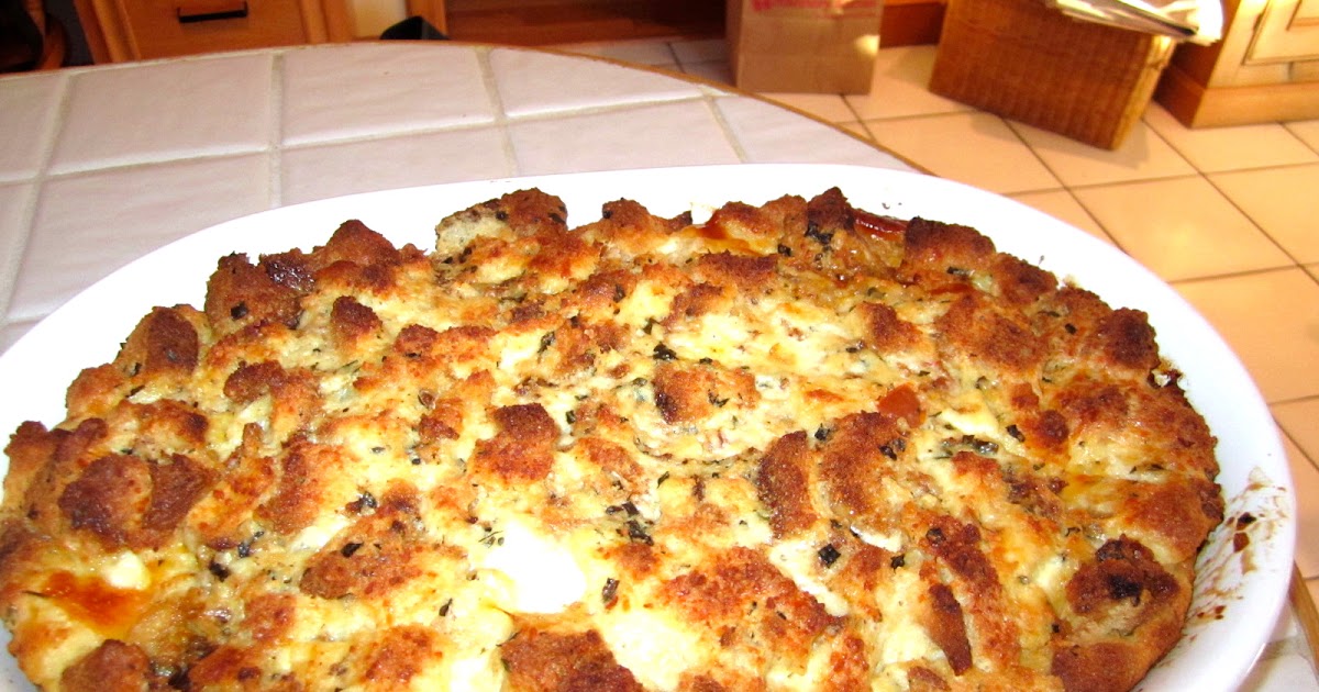 Savory Bread Pudding with Heirloom Tomatoes, Herbs and Mozzarella
