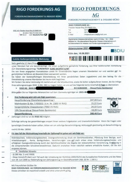 Scan: Zahlungsaufforderung Rigo Forderungs AG / Aug 2021