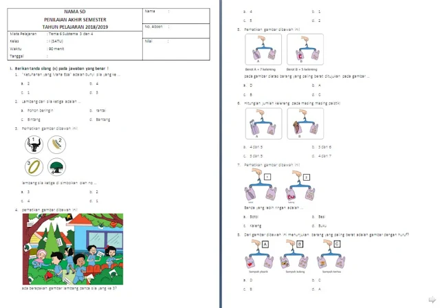 Soal UTS Kelas 1 SD/MI: Tema 6 Subtema 3 dan 4