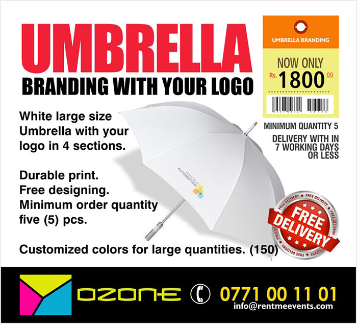  White large size Umbrella with your logo in 4 sections.  LKR 1800/=. Durable print. Free designing. Minimum order quantity five (5) pcs.  Customized colors for large quantities. (150 pcs)  Ozone Branding - From Paris to Colombo