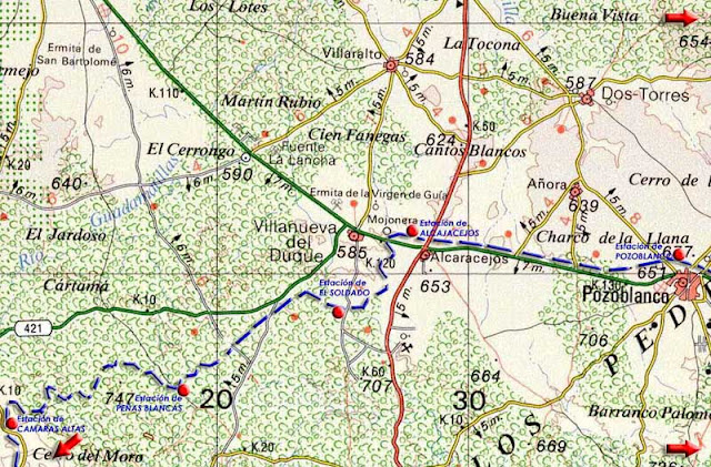 Mapa de la línea de tren de Vía estrecha que es encuentra biblioteca de Peñarroya .