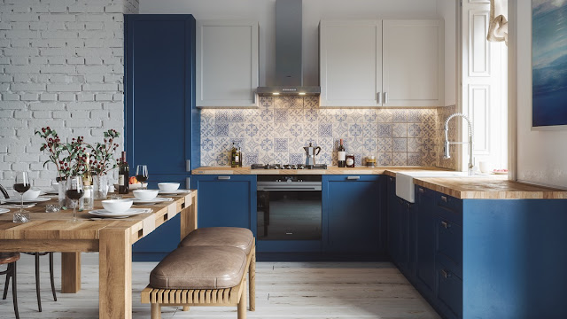 Blue L shaped kitchen