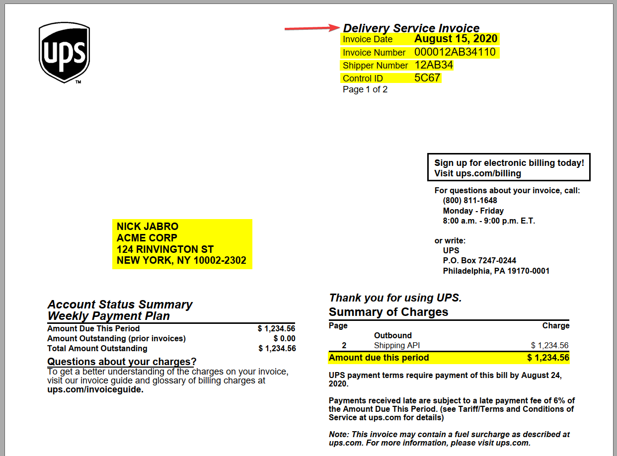 Ups Control Number Invoice Template