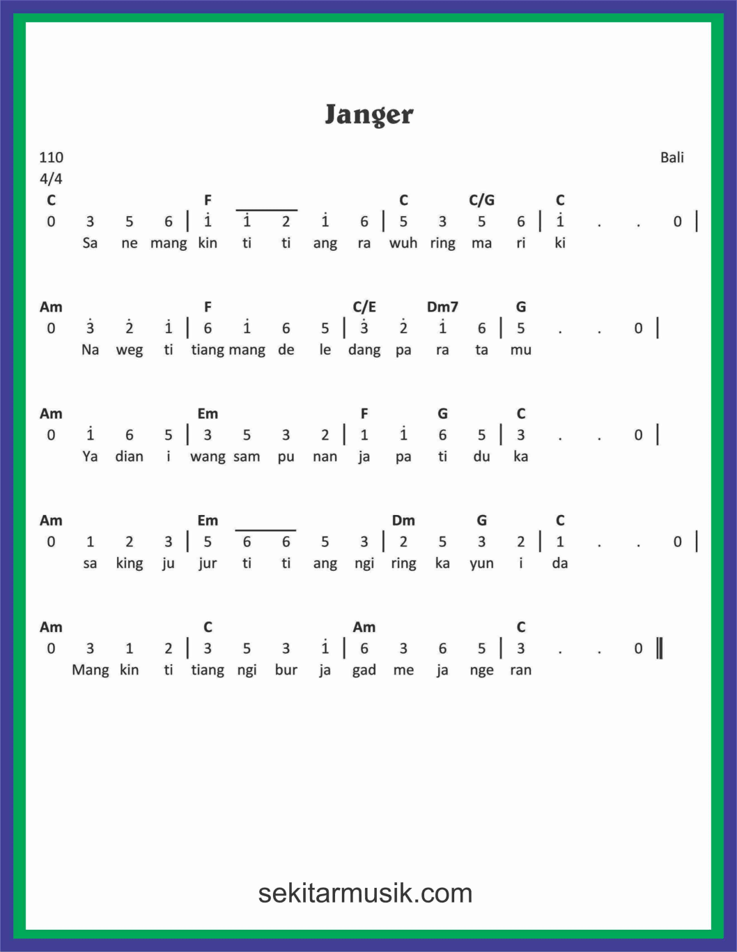 Not Angka Lagu Janger Sekitar Musik