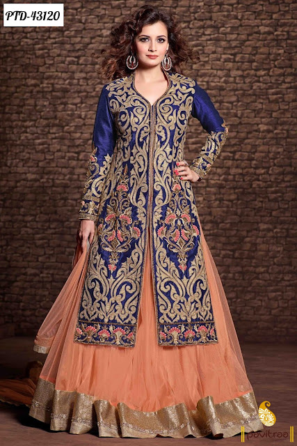 Dia Mirza cobalt blue peach anarkali salwar suit online shopping