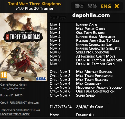 Total War Three Kingdoms Altın,Popülasyon +20 Trainer Hile İndir
