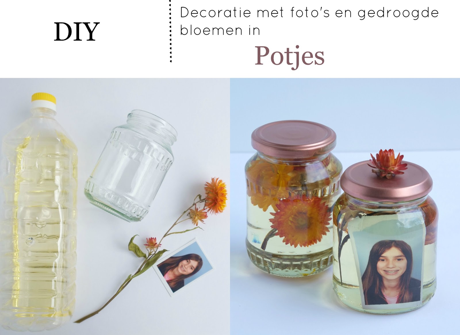 Fonkelnieuw Decoratie met foto's en gedroogde bloemen in potjes - Diy EF-43