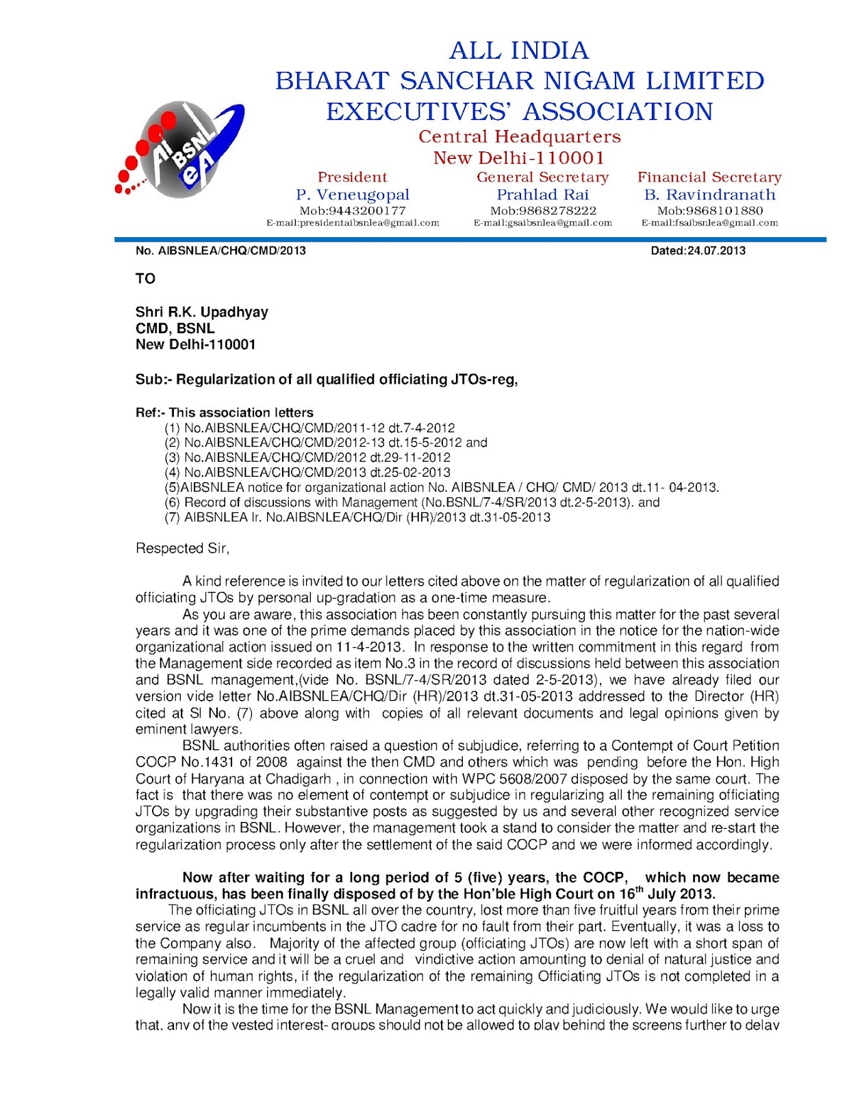 BSNL OFFICERS ASSOCIATION (BSNL OA) AIBSNLEA GS LETTER TO CMD BSNL