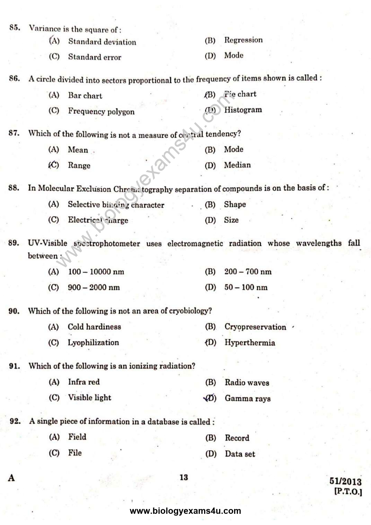 Scientific Assistant Biology Question Paper with Answer Key 51/2013
