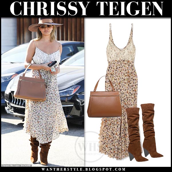 Chrissy Teigen in floral print dress and brown boots in Beverly Hills on  July 16 ~ I want her style - What celebrities wore and where to buy it.  Celebrity Style