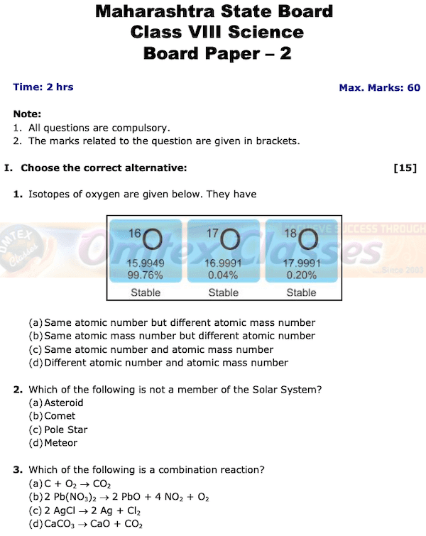Class 8 Science Board Question Papers.