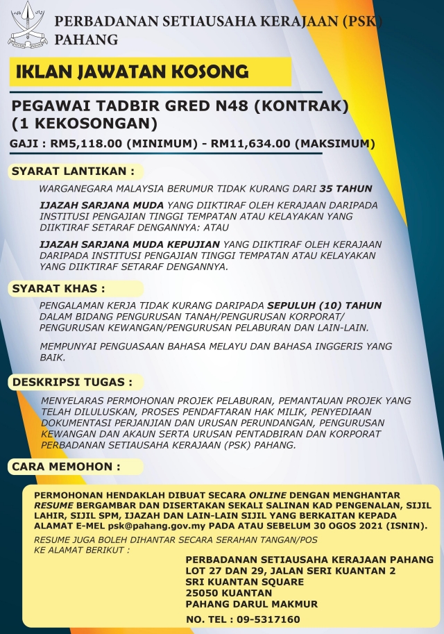 Jawatan Kosong Perbadanan Setiausaha Kerajaan (PSK) Pahang Ogos 2021