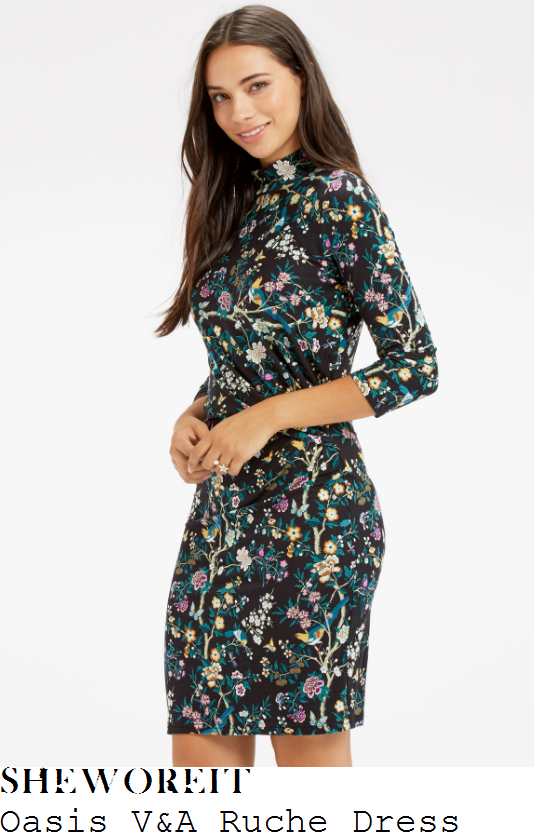 lisa-snowdon-oasis-v-and-a-black-green-purple-and-multicoloured-floral-garden-print-three-quarter-sleeve-high-neck-ruched-side-detail-shift-dress