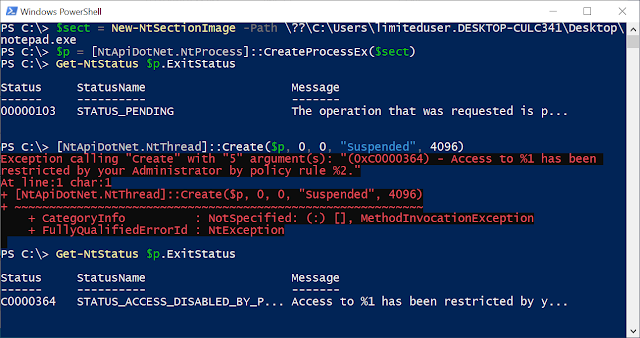 Screenshot of PowerShell showing the process creation and error when a thread is added.