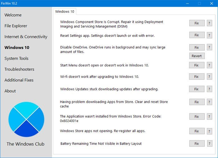 Windows 10용 FixWin 10