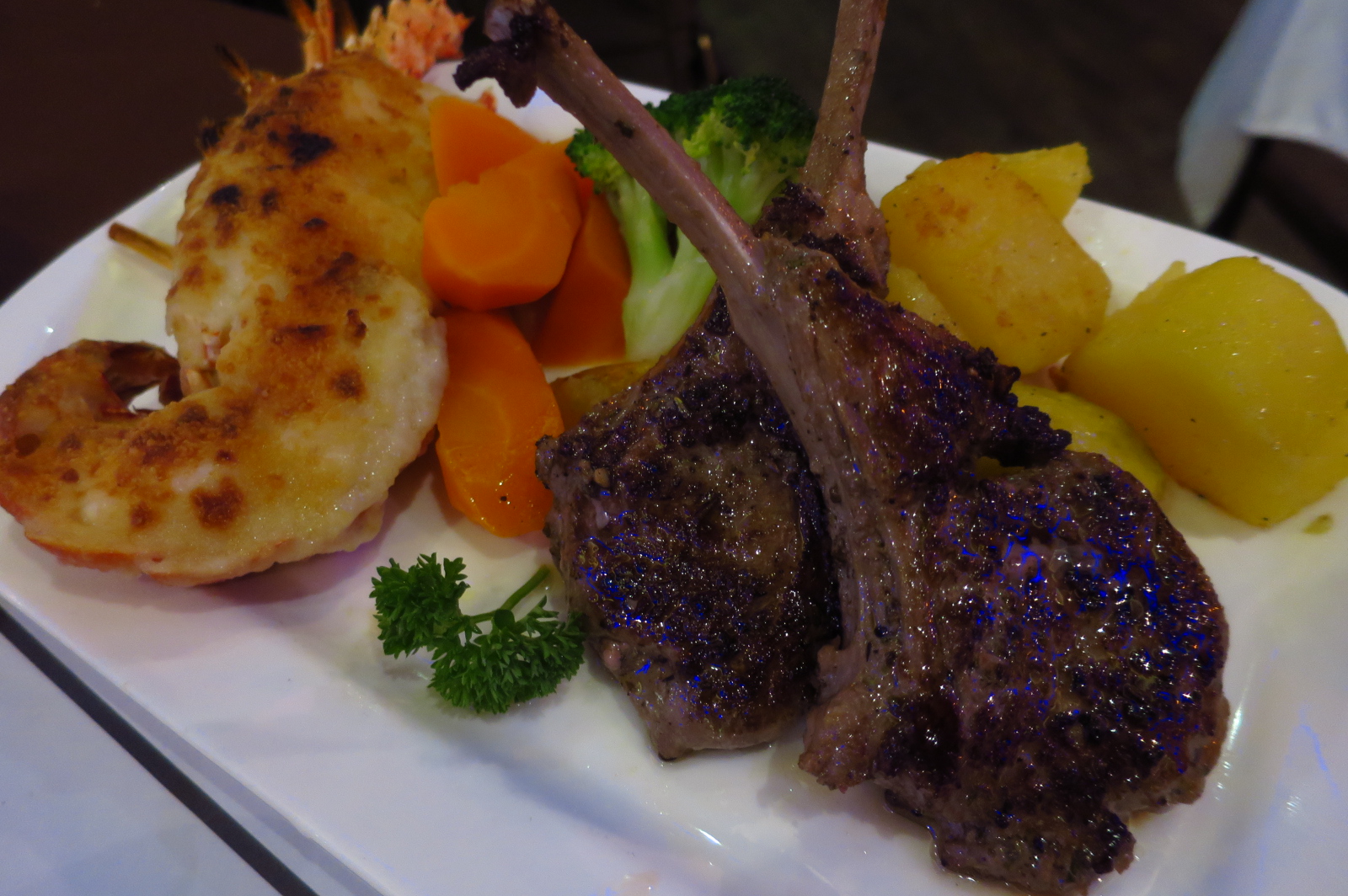 Small Potatoes Make The Steak Look Bigger Lamb chops and lobster