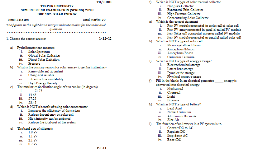 TEZPUR UNIVERSITY (TU/CODL) SEMESTER END DRE 102 SOLAR ENERGY