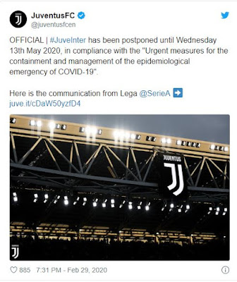 Pertandingan Juventus vs Inter Milan Harus Ditunda Karena Virus Corona