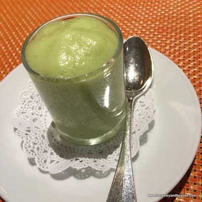 green froth of arugula, green apple, and avocado--a light, refreshing, and cool palate cleanser with flavors burst in the mouth at Campton Place Restaurant in San Francisco, California