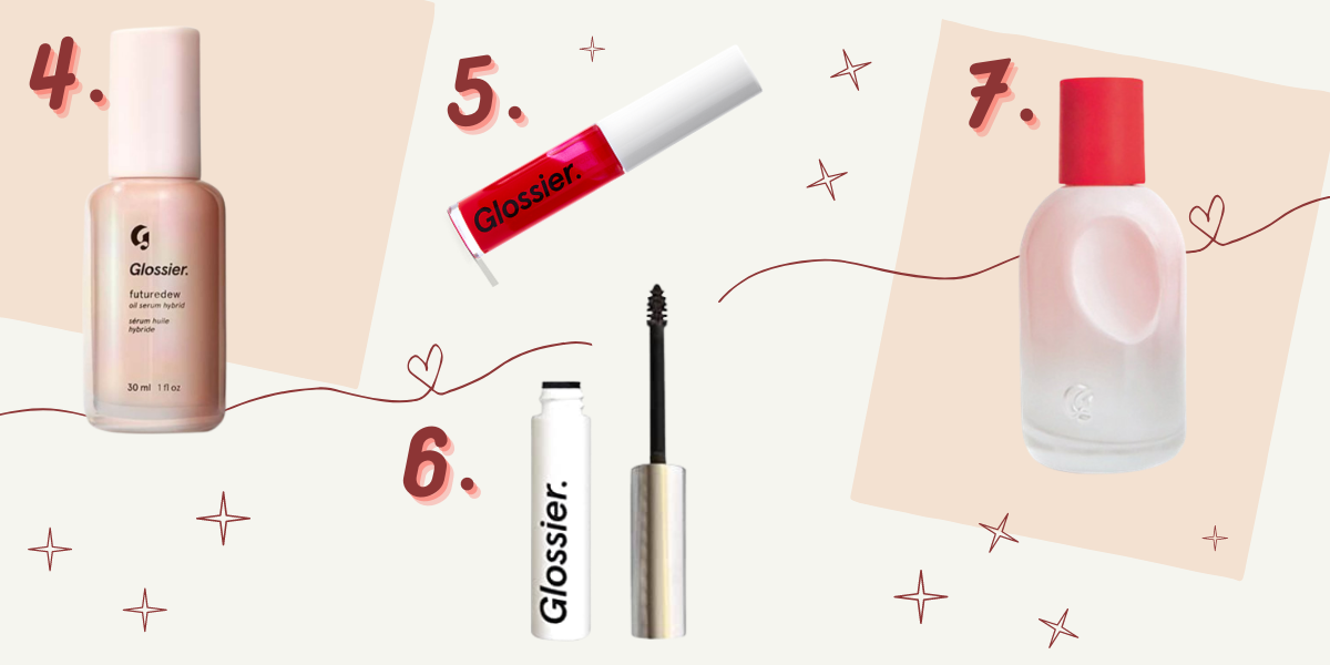 Collage of glossier products including Furture dew, lip gloss, boy brow and you perfume