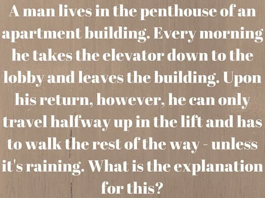 A man lives in the penthouse of an apartment building. Every morning he takes the elevator down to the lobby and leaves the building. Upon his return, however, he can only travel halfway up in the lift and has to walk the rest of the way - unless it's raining. What is the explanation for this?