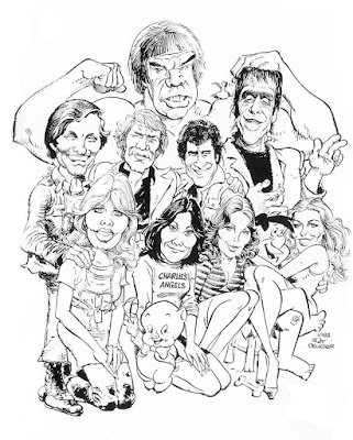 Caricatures of 1970s TV characters by Mort Drucker