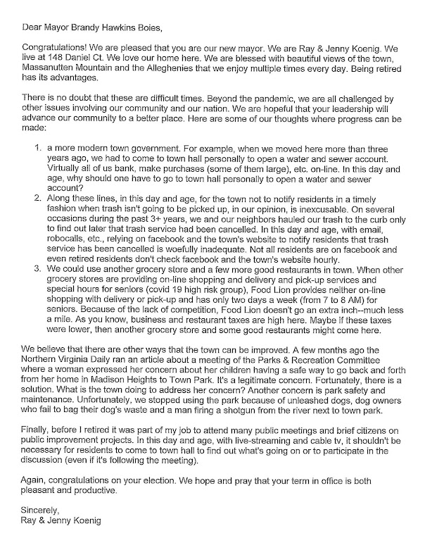 Strasburg VA underground letter to the mayor