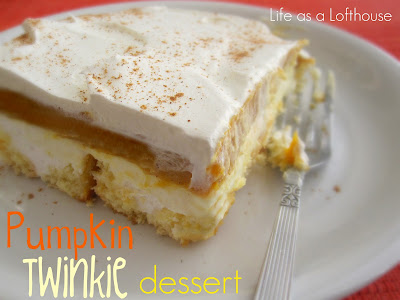 Pumpkin Twinkie Dessert is a creamy, delicious dessert with layers of Twinkie's, cream cheese filling and pumpkin and vanilla pudding. Life-in-the-Lofthouse.com