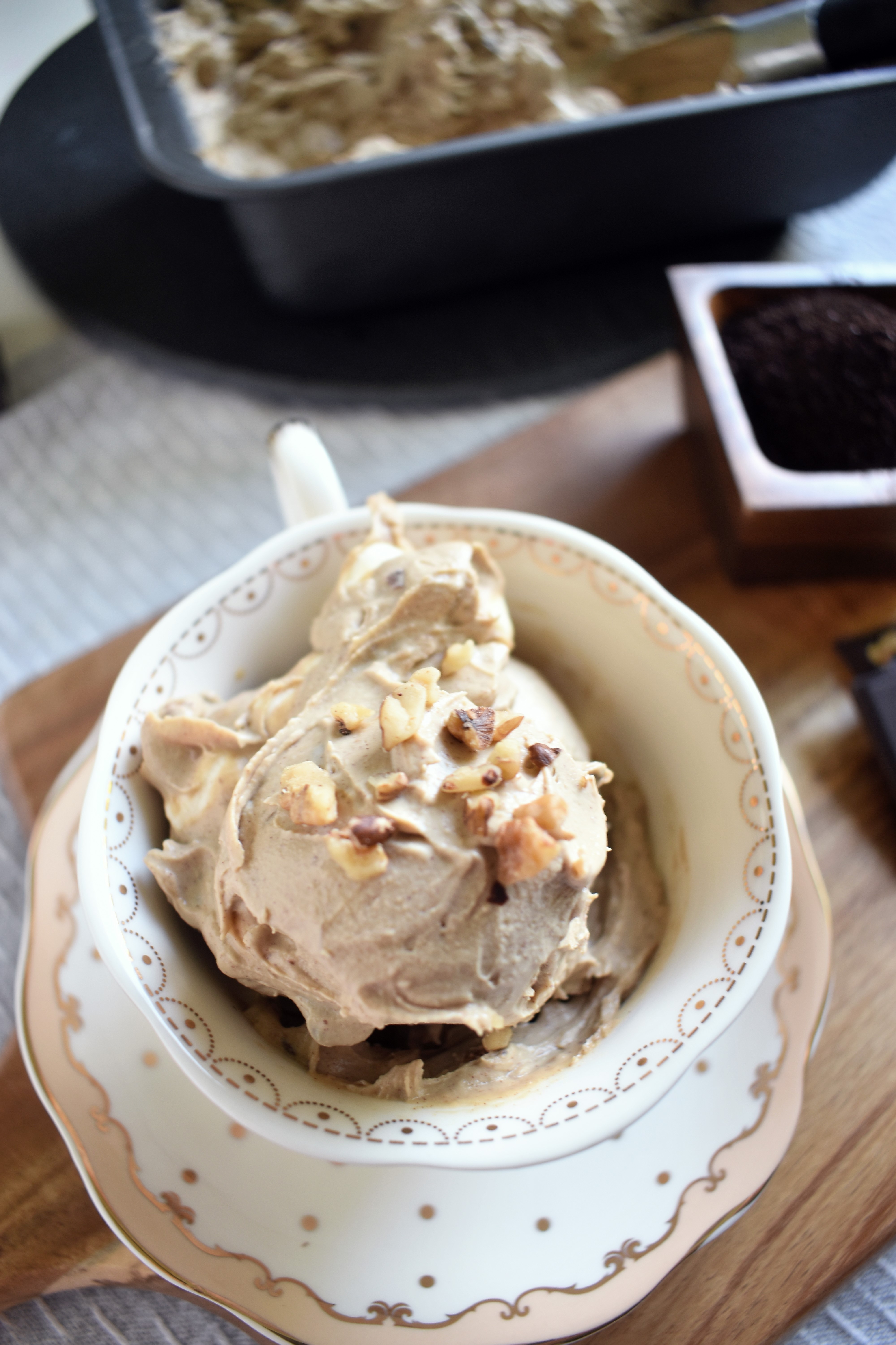 Vegan Coffee Ice Cream with Marshmallow, Chocolate and Toasted Walnuts